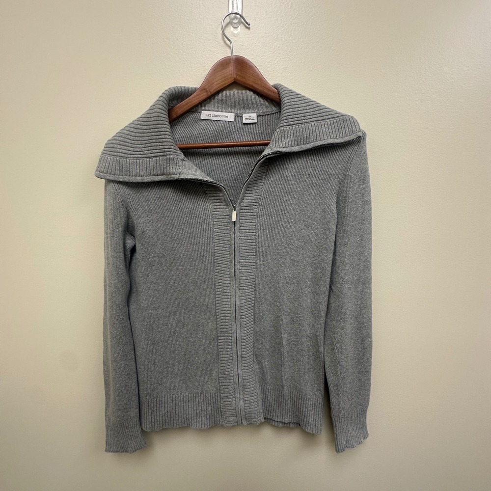 Liz Claiborne Womens Gray Ribbed Full Zip Cotton Cardigan Sweater Size M